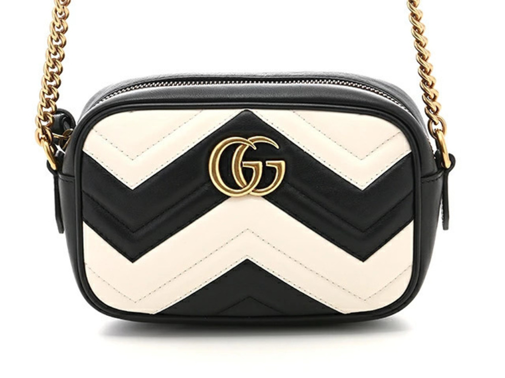 Gucci Shoulder Bag Chain GG Marmont Quilted Calf Leather Black Ivory White